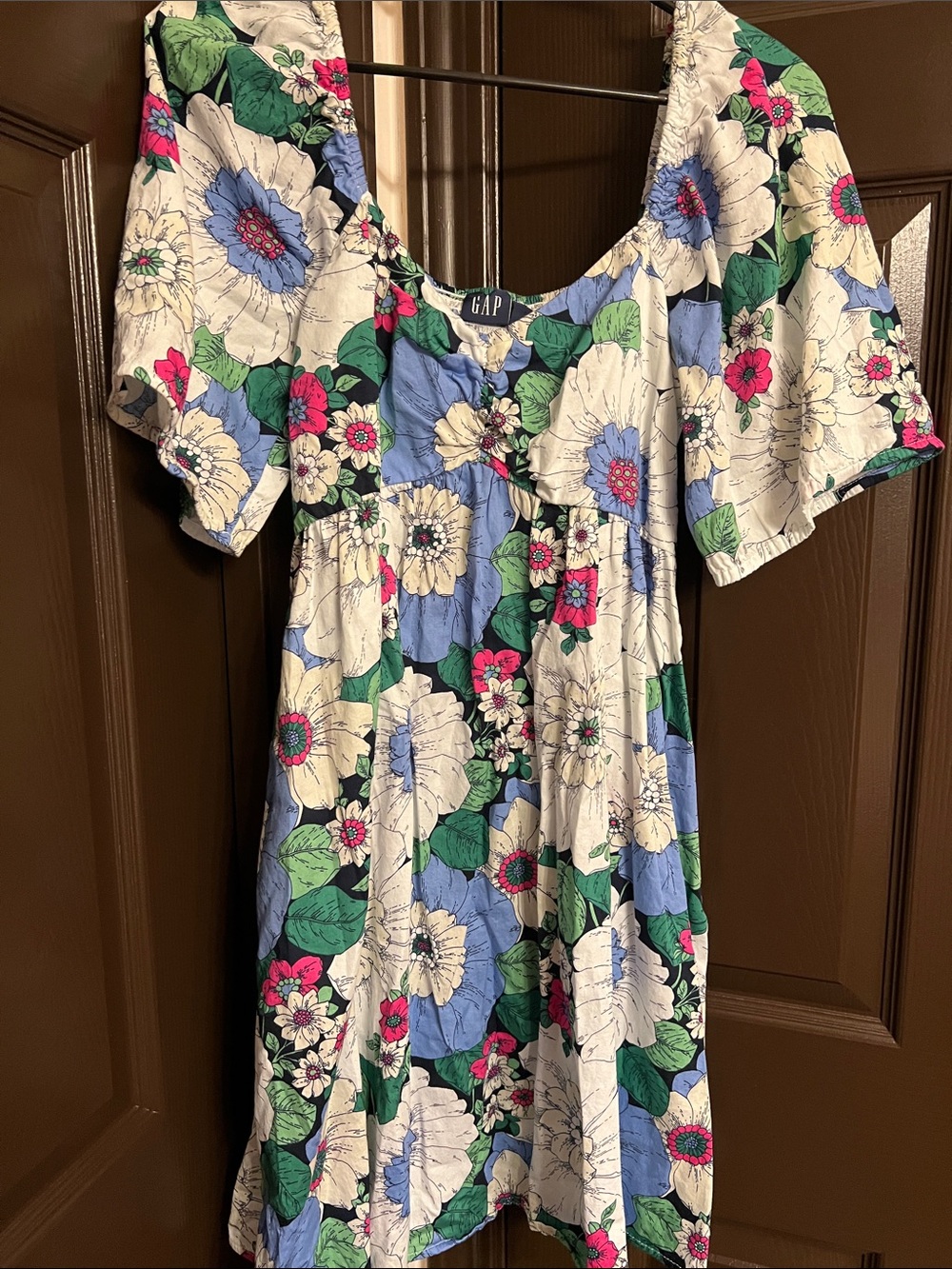 GAP Floral Square-Neck Midi Dress in White, Blue & Green with Pink Accents